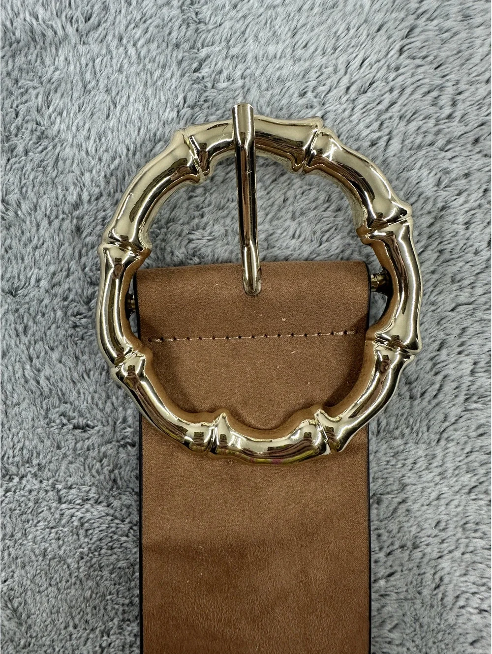 H&M Wide Brown Faux Suede Belt with Gold Bamboo Style Buckle
